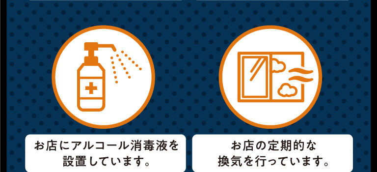 お店にアルコール消毒液を設置しています。　お店の定期的な換気を行っています。