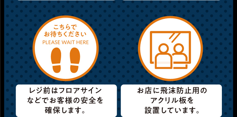 レジ前はフロアサインなどでお客様の安全を確保します。　お店に飛沫防止用のアクリル板を設置しています。